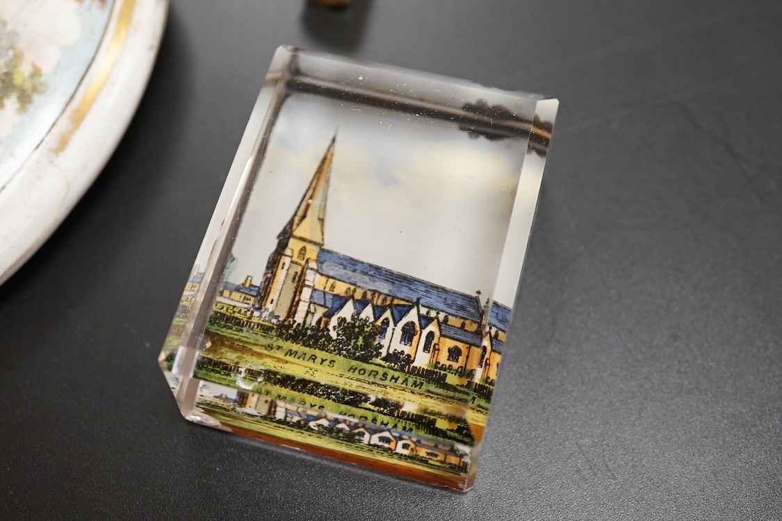 Six pictorial glass gem paperweights and three 19th century scent bottles, largest 11cm in length